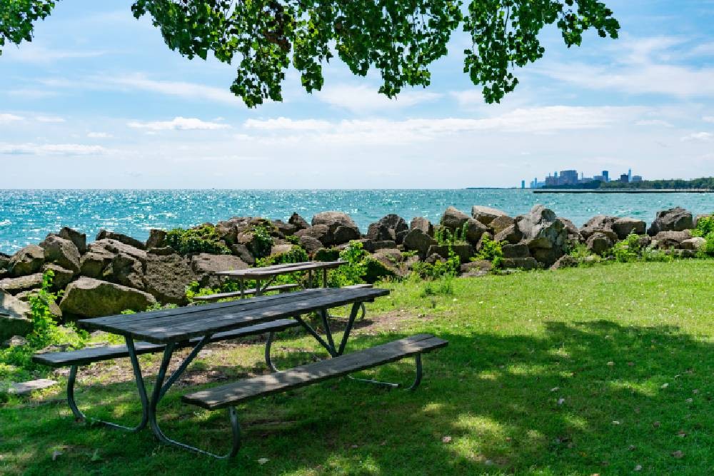 Picnic table on the shore of Lake Michigan
