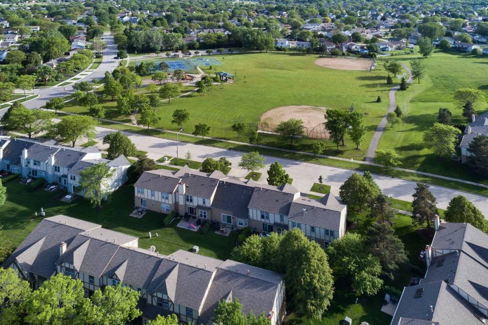 Aerial view of neighborhood with tennis courts and baseball fields in Palatine, Illinois (IL)