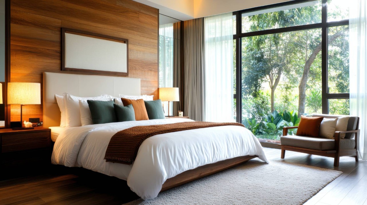 A colorful bedroom with a large window and window treatments at Rainey's Decorating Center near Arlington Heights, Illinois (IL)