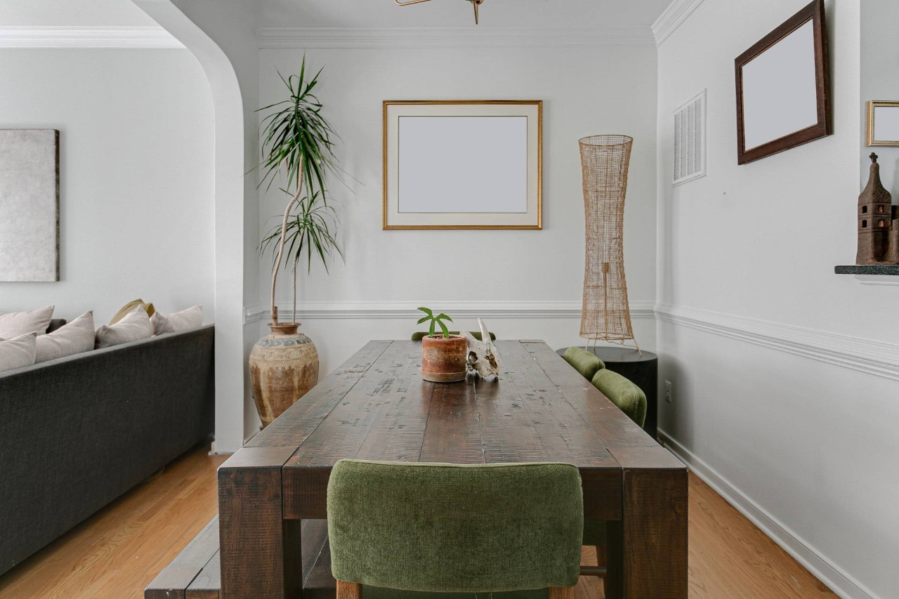A modern organic dining room with some mid-century modern elements at Rainey's Decorating Center near Heights, IL